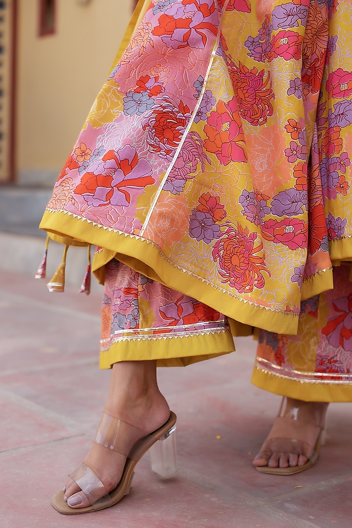 Pink & Yellow Cotton Gota Patti Work Angrakha Party Wear Anarkali Set by Pomcha Jaipur at Pernia's Pop Up Shop