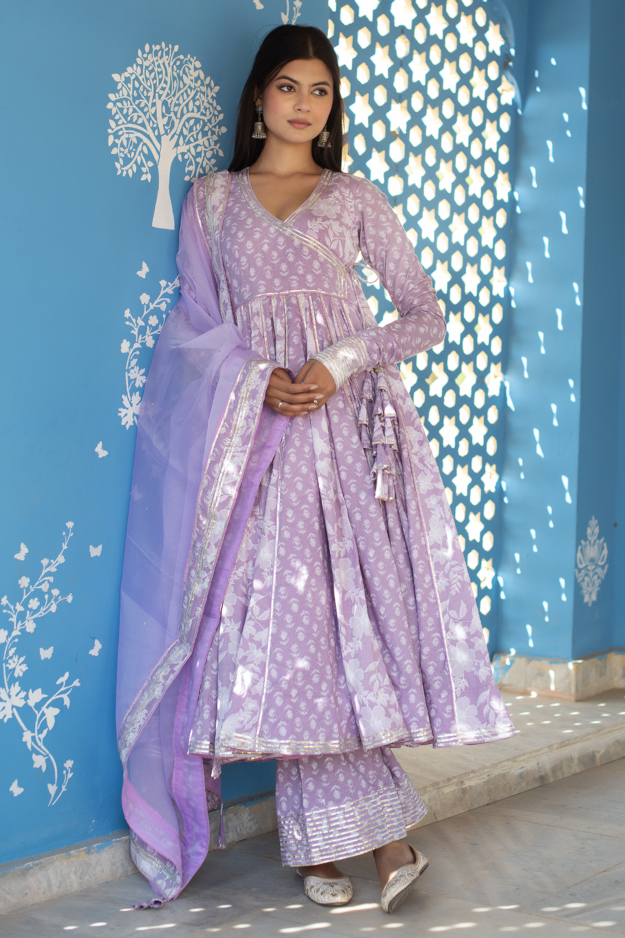 Lilac Cotton Hand Block Printed & Gota Patti Work Party Wear Anarkali Set by Pomcha Jaipur at Pernia's Pop Up Shop