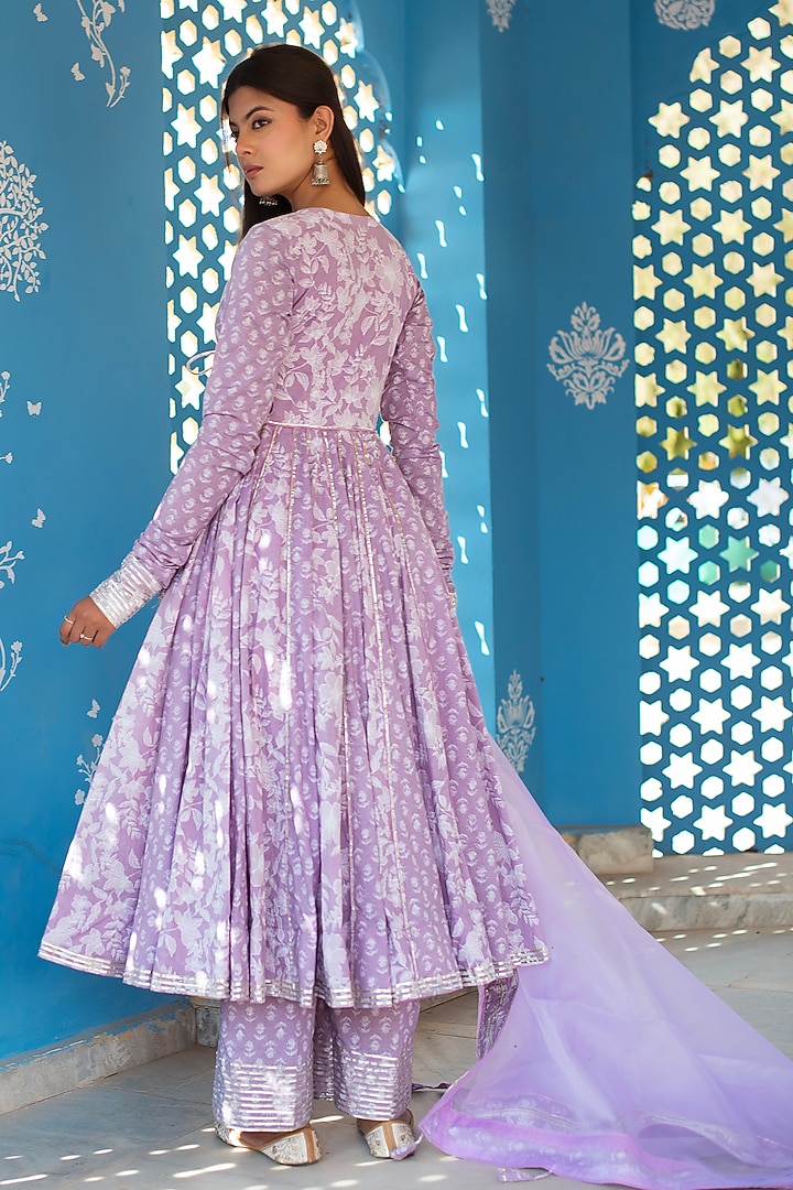 Lilac Cotton Hand Block Printed & Gota Patti Work Party Wear Anarkali Set by Pomcha Jaipur at Pernia's Pop Up Shop