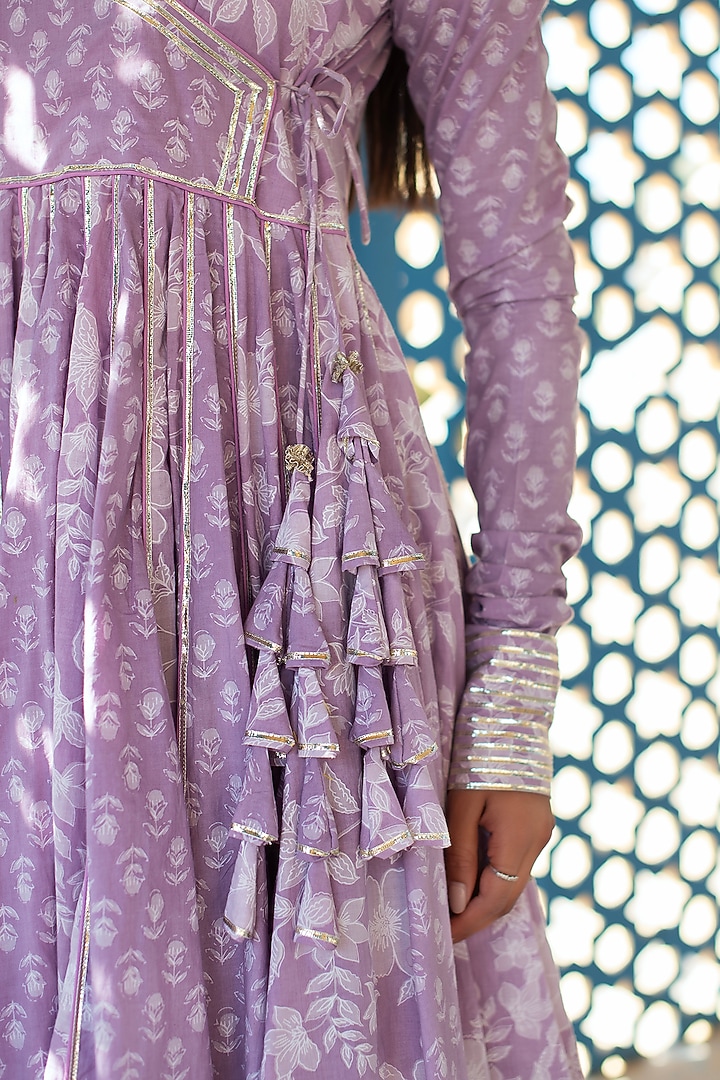 Lilac Cotton Hand Block Printed & Gota Patti Work Party Wear Anarkali Set by Pomcha Jaipur at Pernia's Pop Up Shop