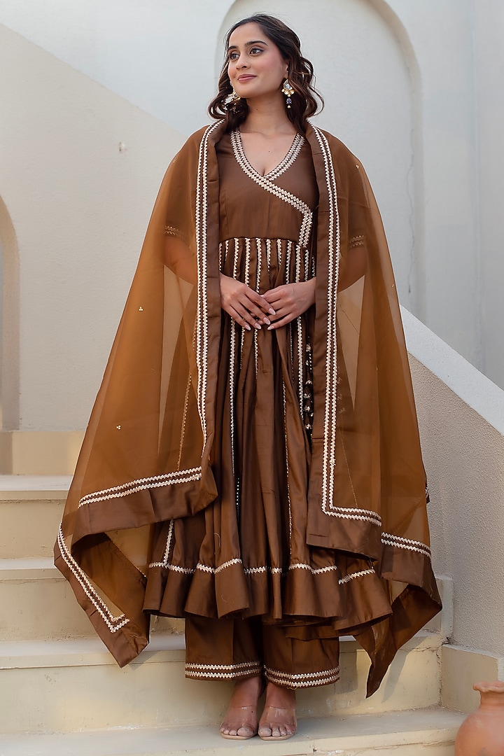 Brown Glace Cotton Gota Patti Work Angrakha Party Wear Anarkali Set by Pomcha Jaipur at Pernia's Pop Up Shop