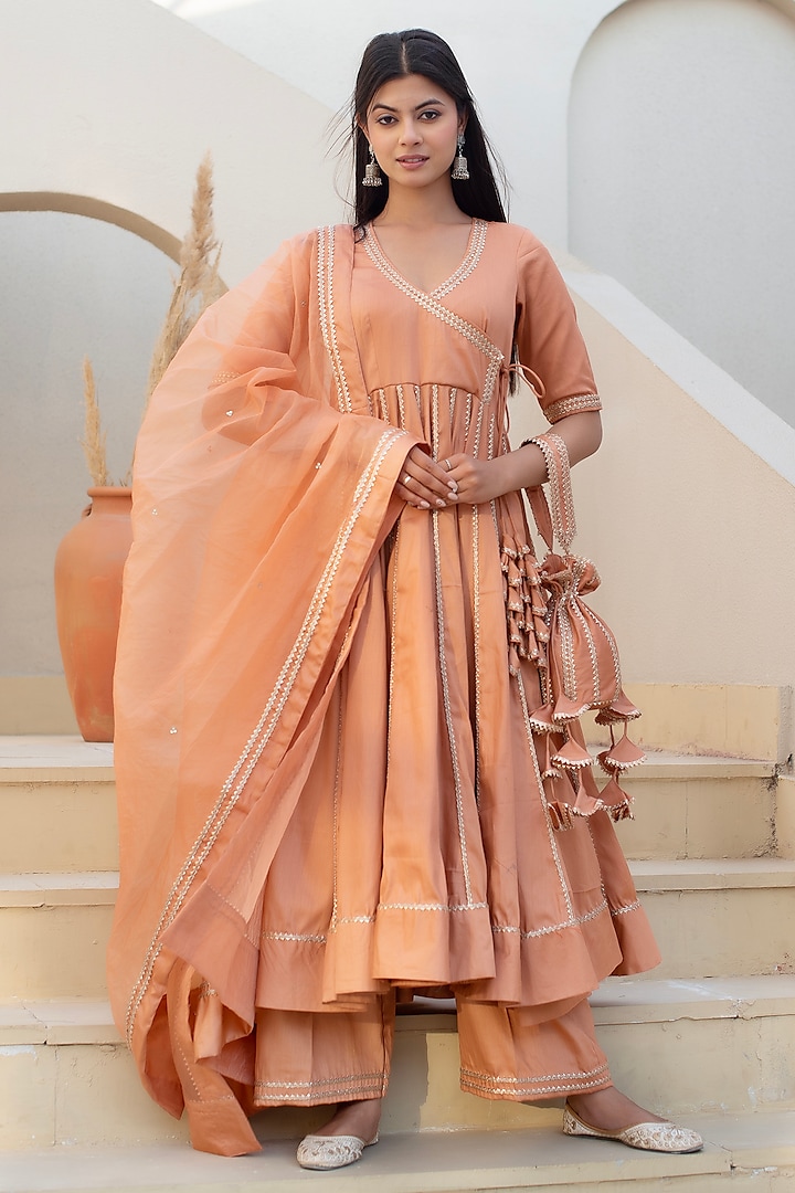 Peach Glace Cotton Gota Patti Work Angrakha Party Wear Anarkali Set by Pomcha Jaipur at Pernia's Pop Up Shop