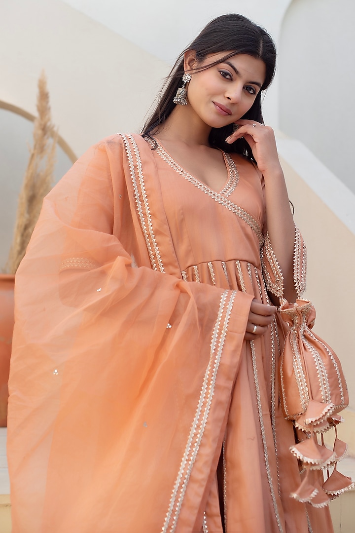 Peach Glace Cotton Gota Patti Work Angrakha Party Wear Anarkali Set by Pomcha Jaipur at Pernia's Pop Up Shop