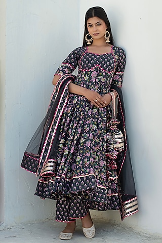 Grey Cotton Gota Patti Work Anarkali Set by Pomcha Jaipur