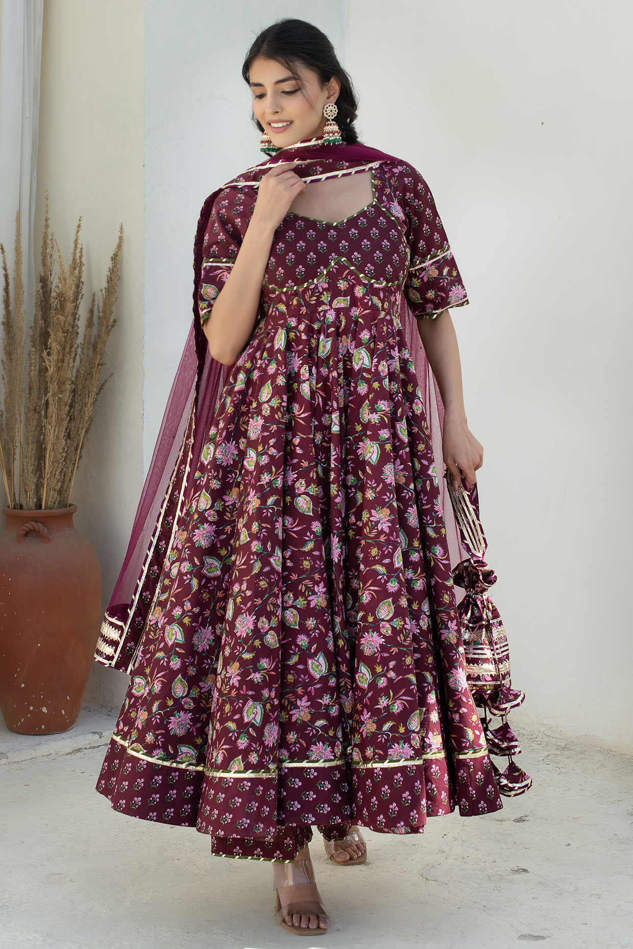 Plum Cotton Gota Patti Work Anarkali Set by Pomcha Jaipur at Pernia's Pop Up Shop