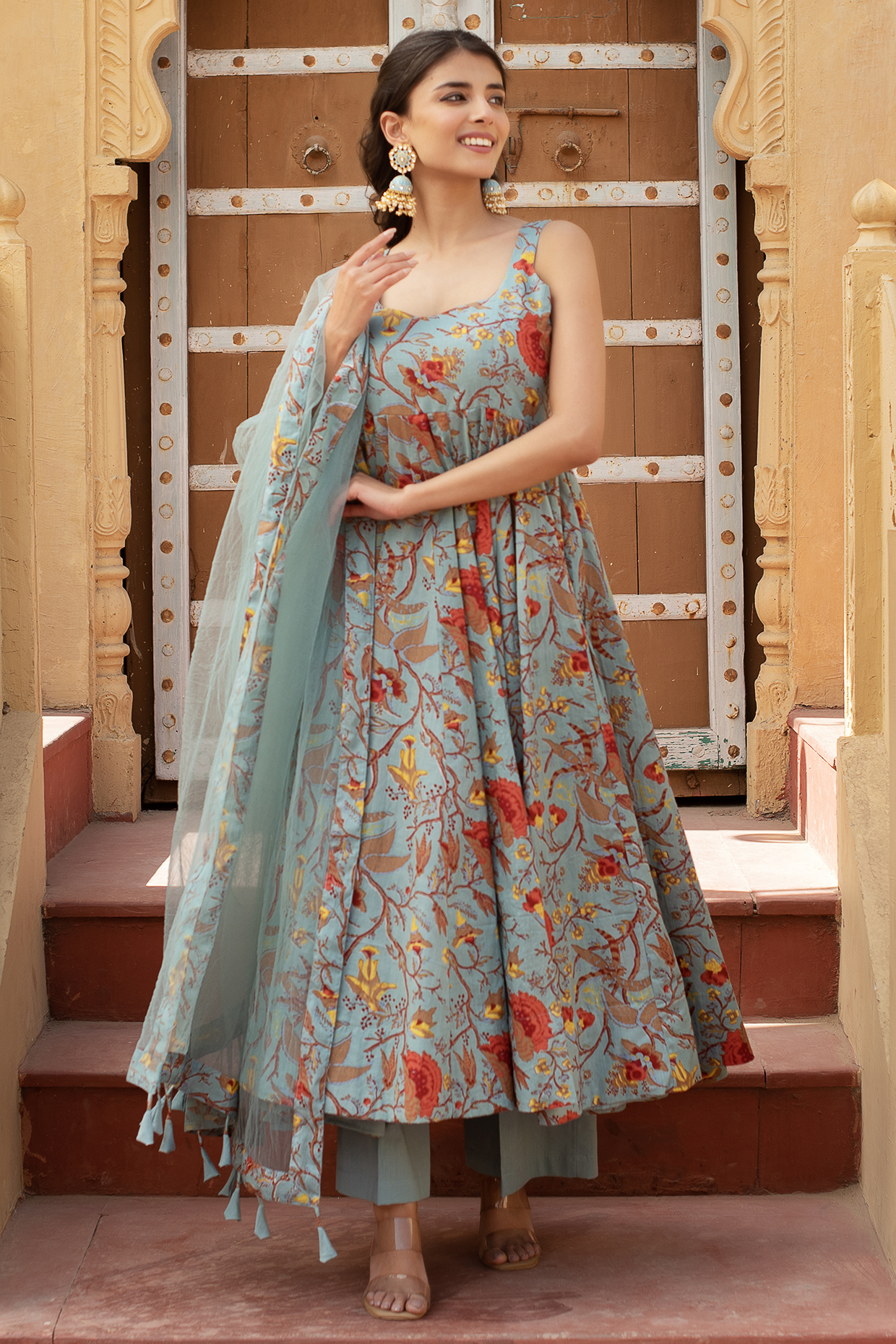 Grey Cotton Hand Block Printed Anarkali Set by Pomcha Jaipur at Pernia's Pop Up Shop