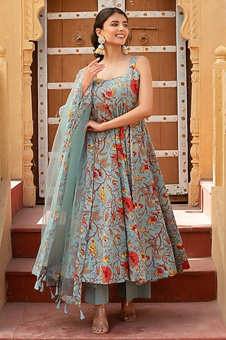grey color anarkali dress CELESTIAL GREY ANARKALI SET  GAYRAA