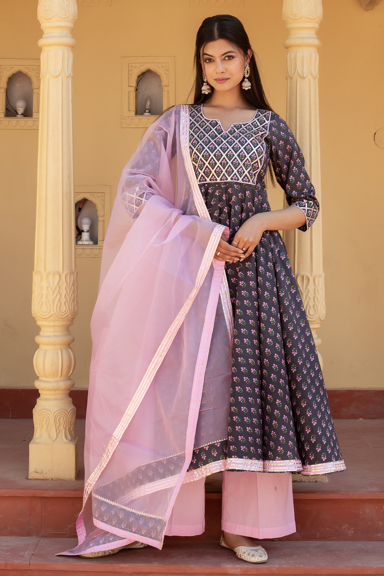 Grey Cotton Hand Block Printed & Gota Patti Work Anarkali Set by Pomcha Jaipur at Pernia's Pop Up Shop