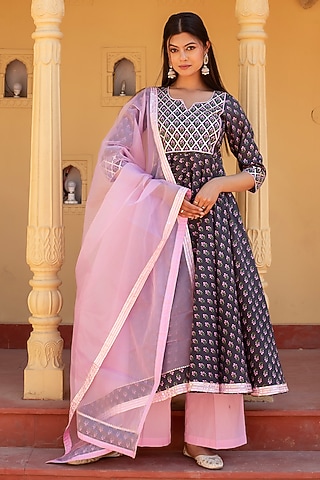 Grey Cotton Hand Block Printed & Gota Patti Work Anarkali Set by Pomcha Jaipur
