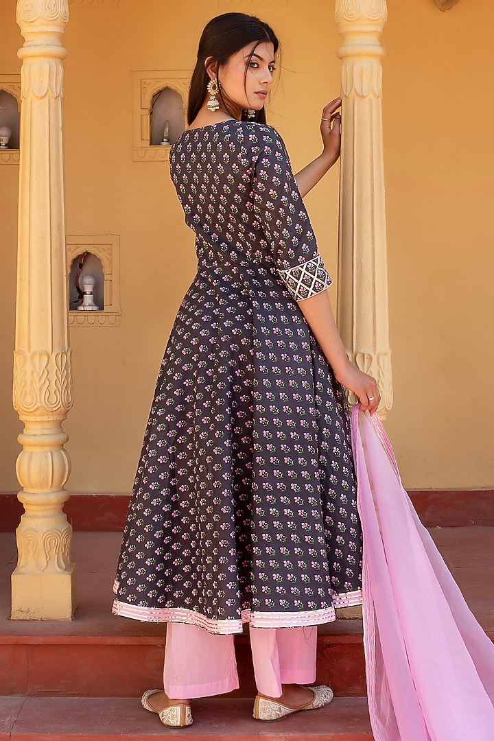 Grey Cotton Hand Block Printed & Gota Patti Work Party Wear Anarkali Set by Pomcha Jaipur at Pernia's Pop Up Shop