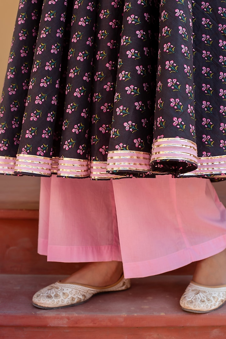 Grey Cotton Hand Block Printed & Gota Patti Work Party Wear Anarkali Set by Pomcha Jaipur at Pernia's Pop Up Shop