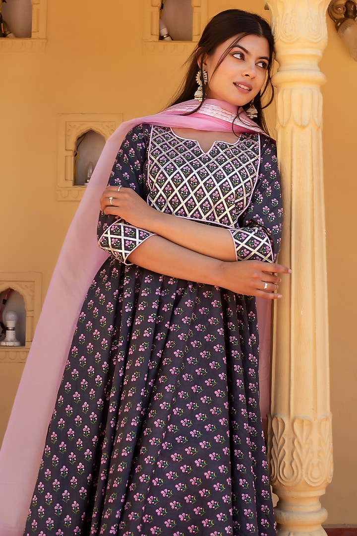 Grey Cotton Hand Block Printed & Gota Patti Work Party Wear Anarkali Set by Pomcha Jaipur at Pernia's Pop Up Shop