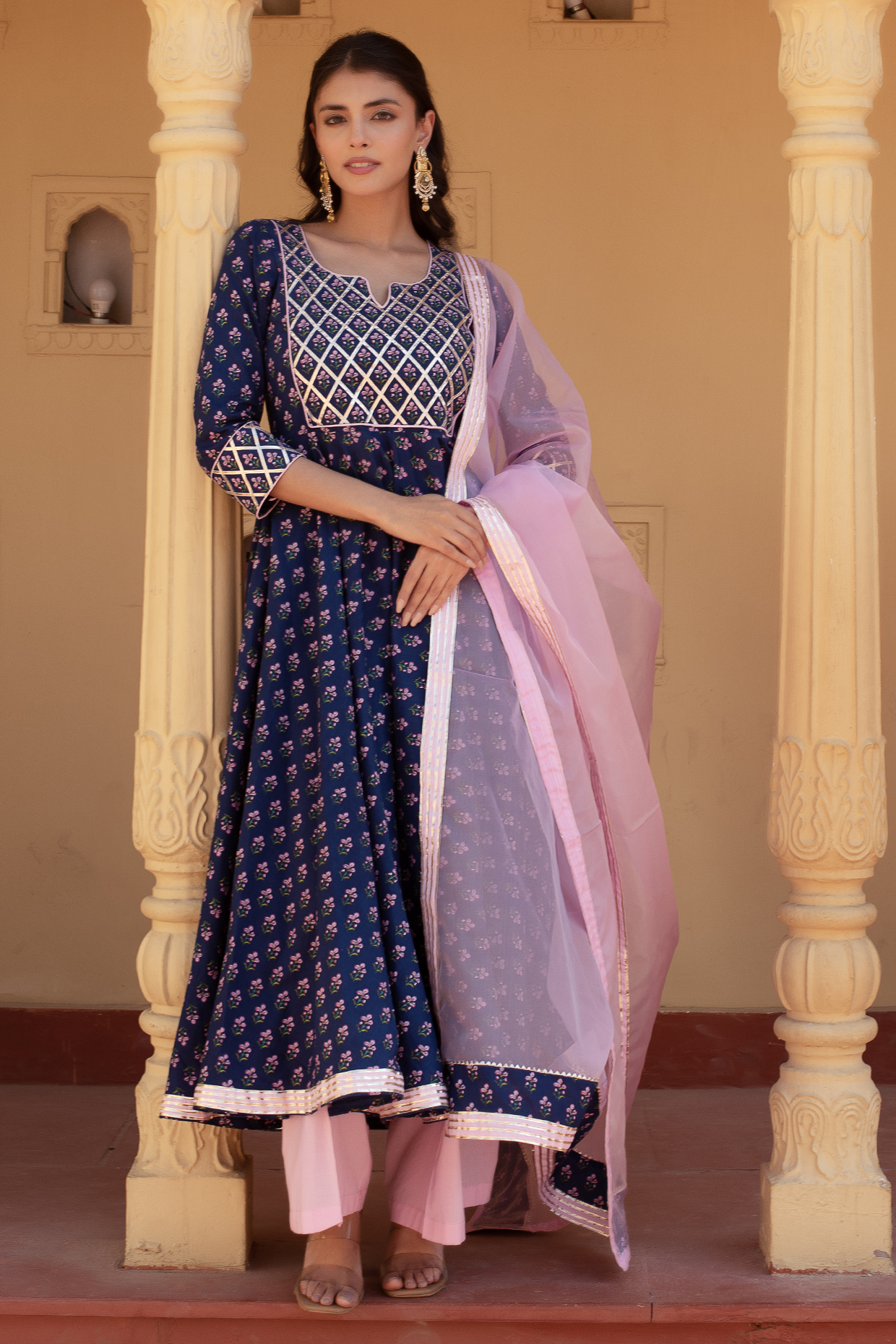 Blue Cotton Hand Block Printed & Gota Patti Work Anarkali Set by Pomcha Jaipur at Pernia's Pop Up Shop