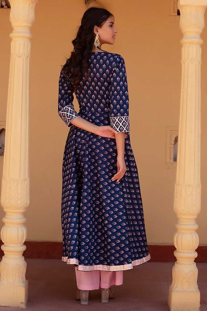 Blue Cotton Hand Block Printed & Gota Patti Work Party Wear Anarkali Set by Pomcha Jaipur at Pernia's Pop Up Shop