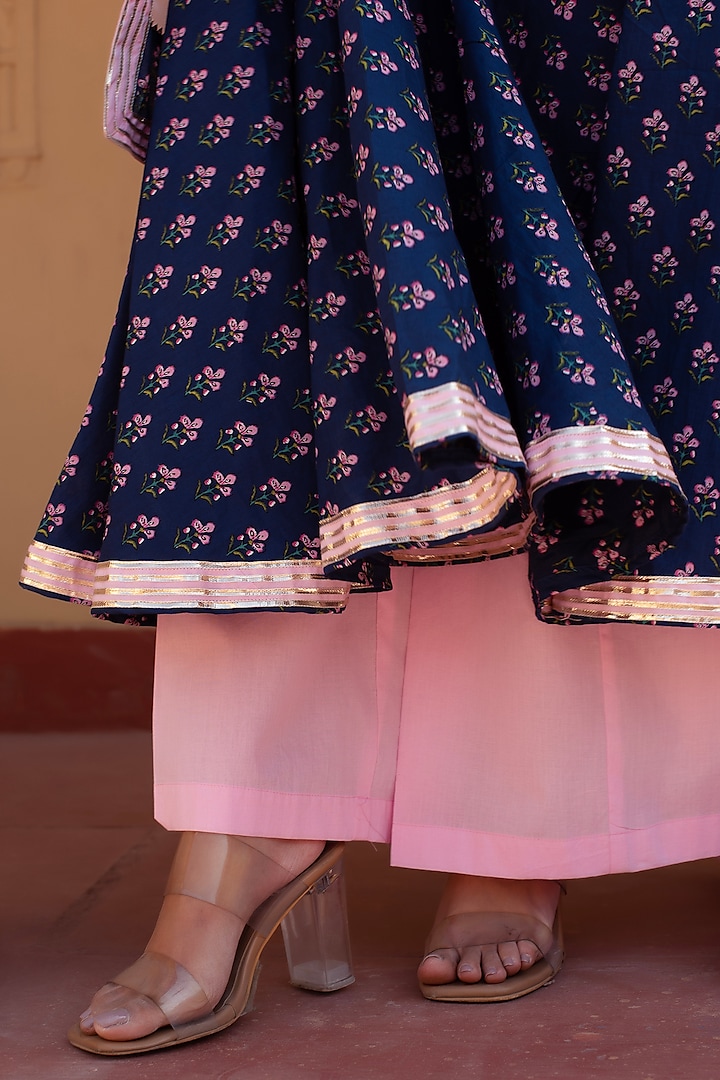 Blue Cotton Hand Block Printed & Gota Patti Work Party Wear Anarkali Set by Pomcha Jaipur at Pernia's Pop Up Shop