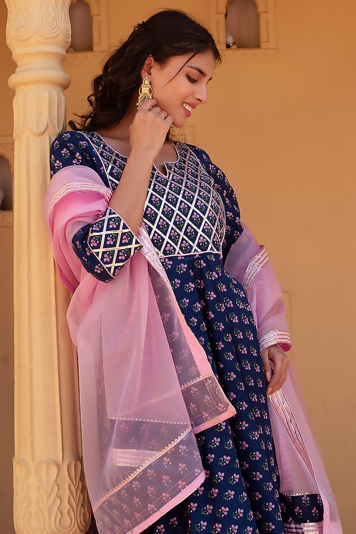 Blue Cotton Hand Block Printed & Gota Patti Work Party Wear Anarkali Set by Pomcha Jaipur at Pernia's Pop Up Shop