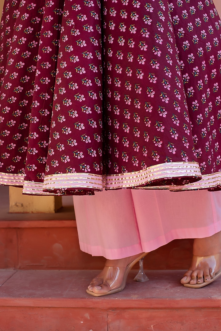 Plum Cotton Hand Block Printed & Gota Patti Work Party Wear Anarkali Set by Pomcha Jaipur at Pernia's Pop Up Shop