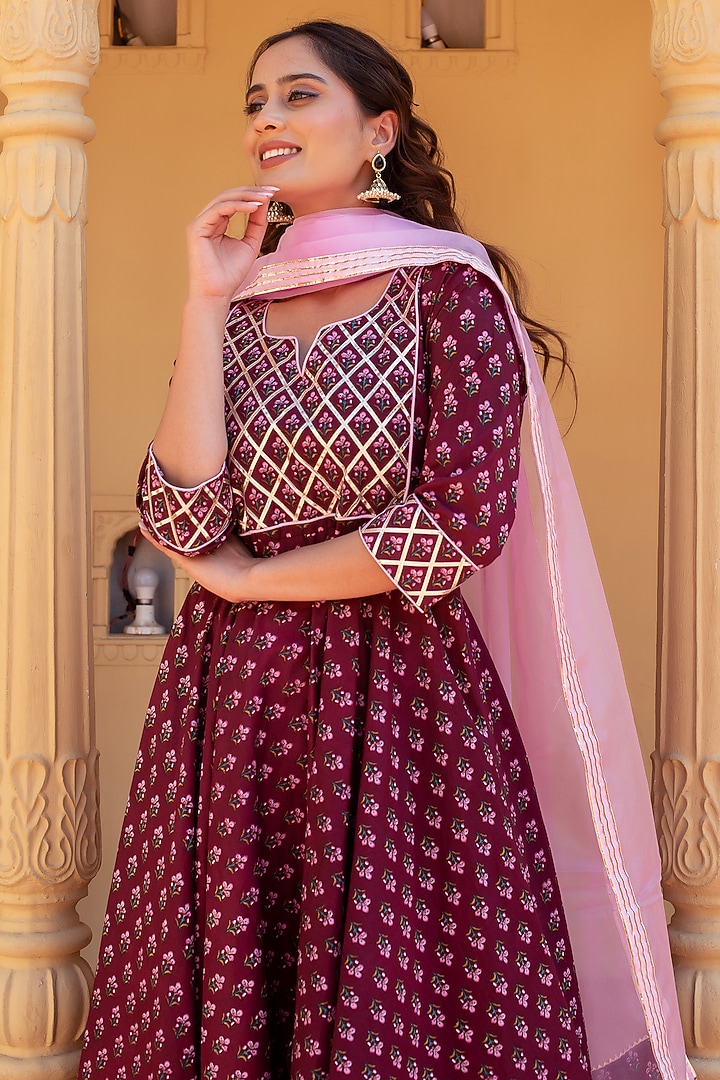 Plum Cotton Hand Block Printed & Gota Patti Work Party Wear Anarkali Set by Pomcha Jaipur at Pernia's Pop Up Shop