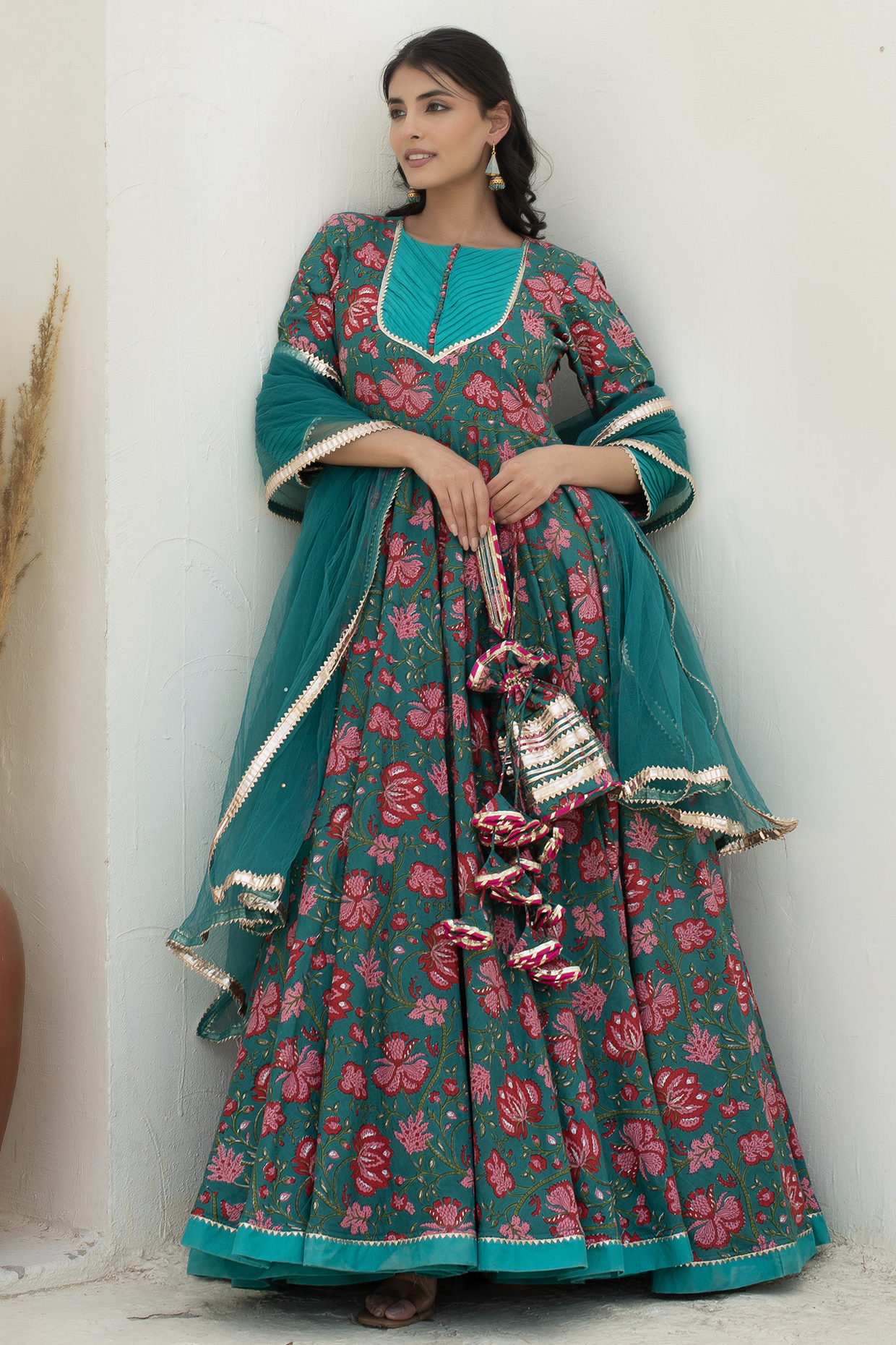 Teal Blue Cotton Anarkali Set by Pomcha Jaipur at Pernia's Pop Up Shop