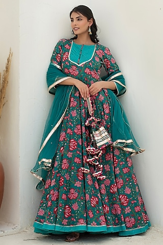 Teal Blue Cotton Anarkali Set by Pomcha Jaipur
