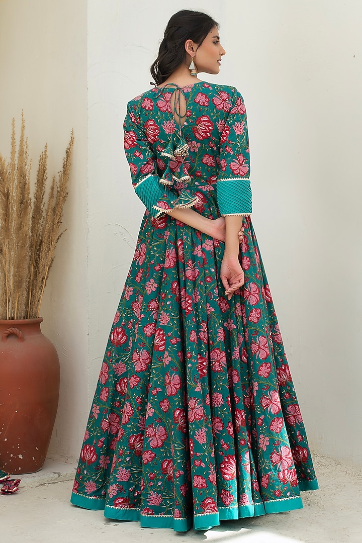 Teal Blue Cotton Party Wear Anarkali Set by Pomcha Jaipur at Pernia's Pop Up Shop