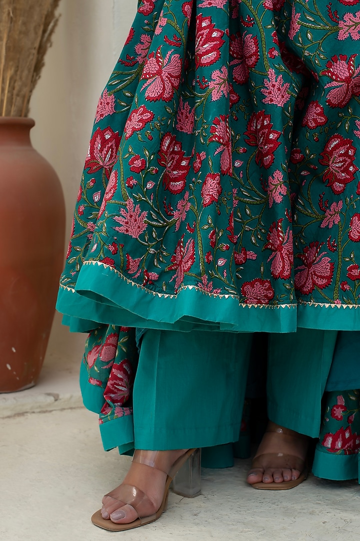 Teal Blue Cotton Party Wear Anarkali Set by Pomcha Jaipur at Pernia's Pop Up Shop