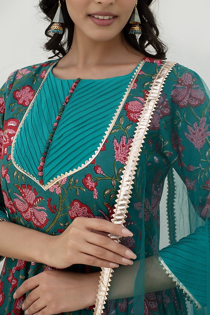 Teal Blue Cotton Party Wear Anarkali Set by Pomcha Jaipur at Pernia's Pop Up Shop