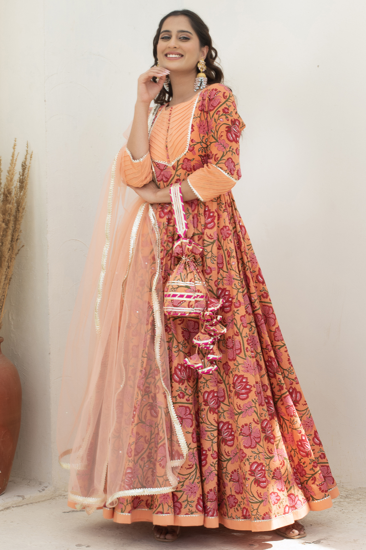 Peach Cotton Anarkali Set by Pomcha Jaipur at Pernia's Pop Up Shop