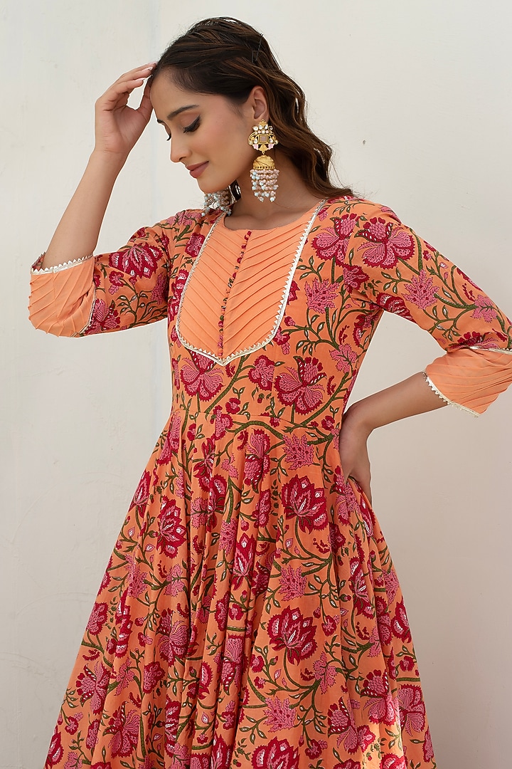 Peach Cotton Party Wear Anarkali Set by Pomcha Jaipur at Pernia's Pop Up Shop