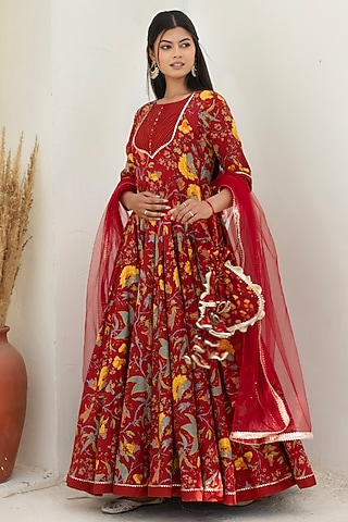Maroon Cotton Anarkali Set by Pomcha Jaipur