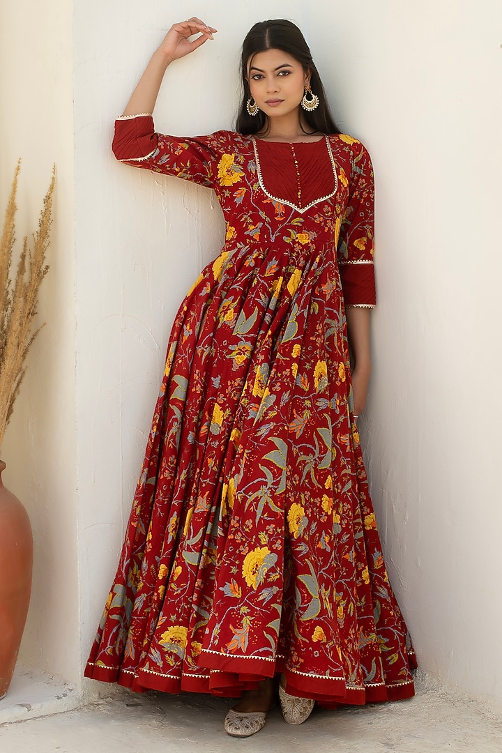 Maroon Cotton Party Wear Anarkali Set by Pomcha Jaipur at Pernia's Pop Up Shop