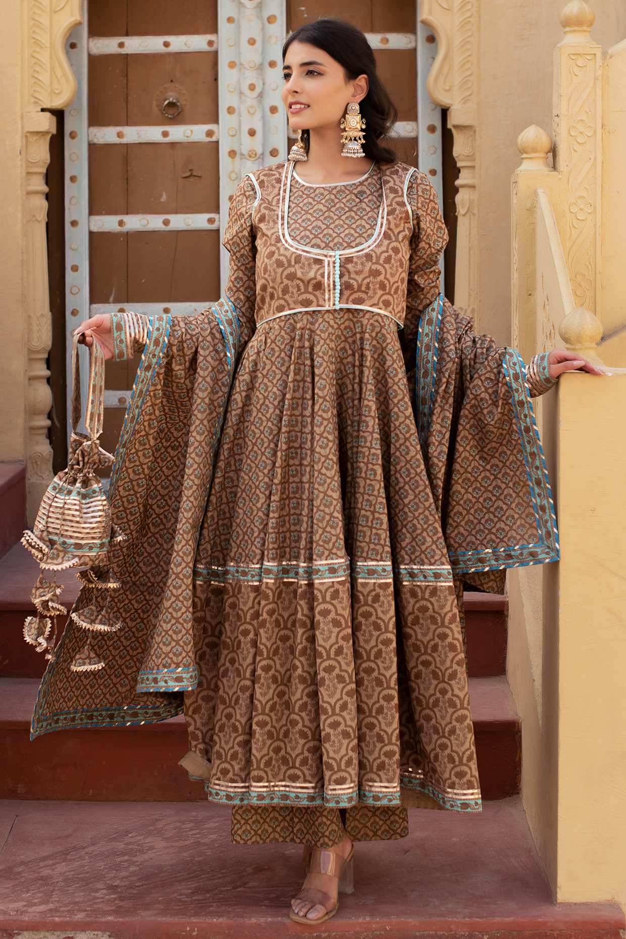 Brown Cotton Hand Block Printed Anarkali Set by Pomcha Jaipur at Pernia's Pop Up Shop