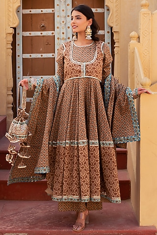 Brown Cotton Hand Block Printed Anarkali Set by Pomcha Jaipur