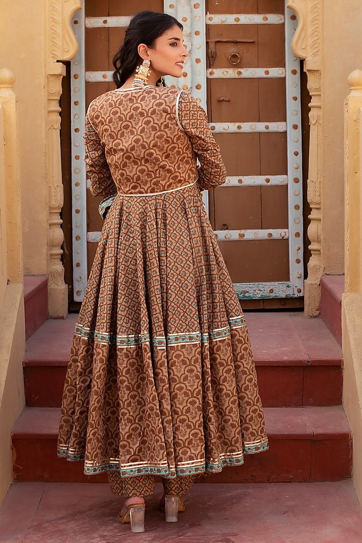 Brown Cotton Hand Block Printed Party Wear Anarkali Set by Pomcha Jaipur at Pernia's Pop Up Shop