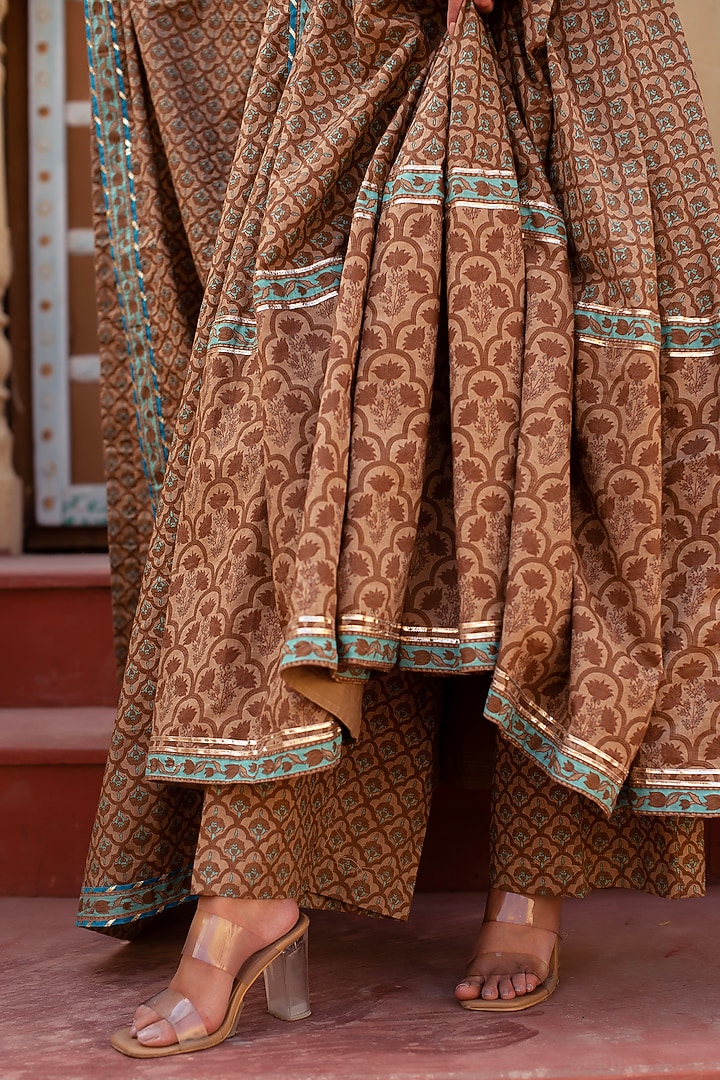 Brown Cotton Hand Block Printed Party Wear Anarkali Set by Pomcha Jaipur at Pernia's Pop Up Shop
