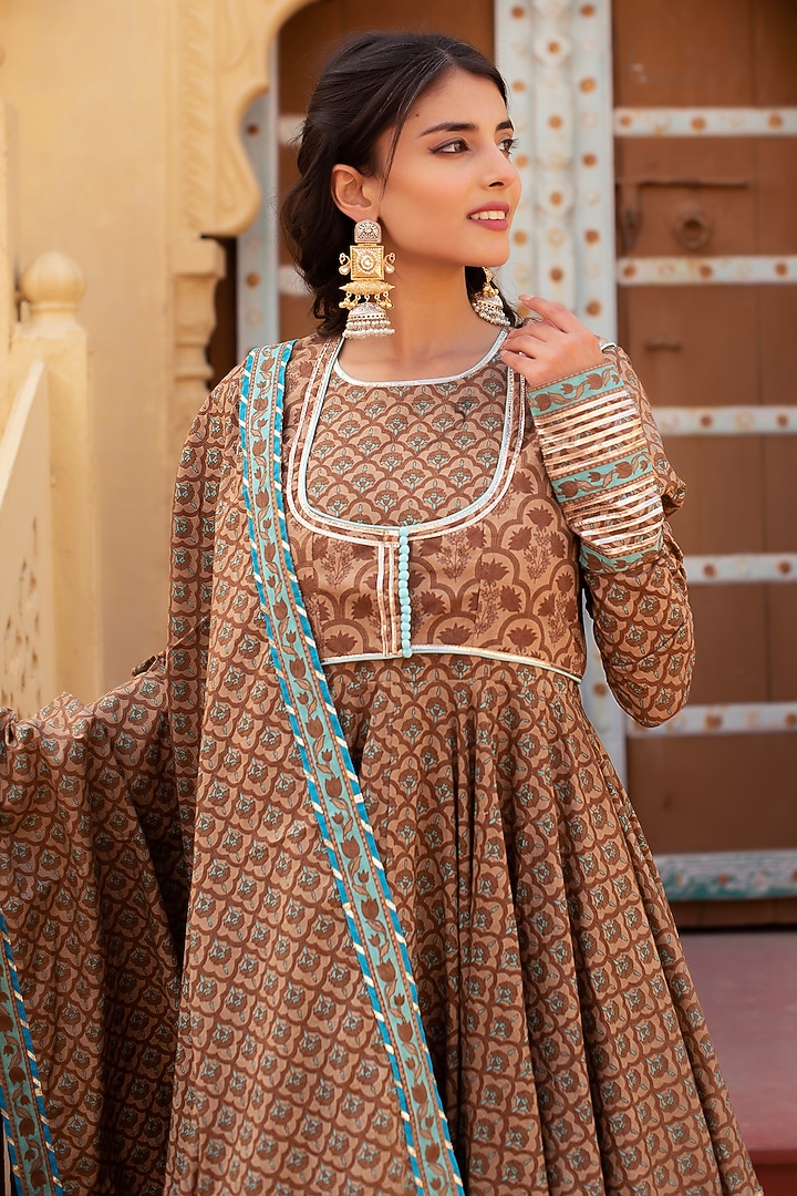 Brown Cotton Hand Block Printed Party Wear Anarkali Set by Pomcha Jaipur at Pernia's Pop Up Shop
