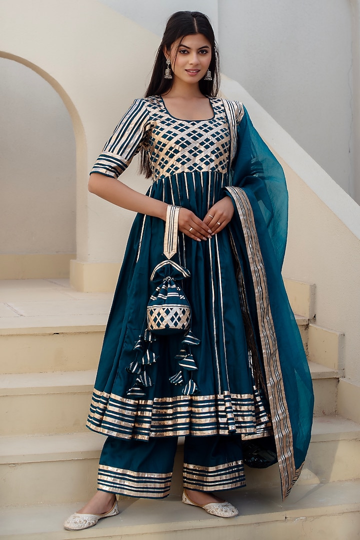 Blue Glace Cotton Gota Patti Work Party Wear Anarkali Set by Pomcha Jaipur at Pernia's Pop Up Shop