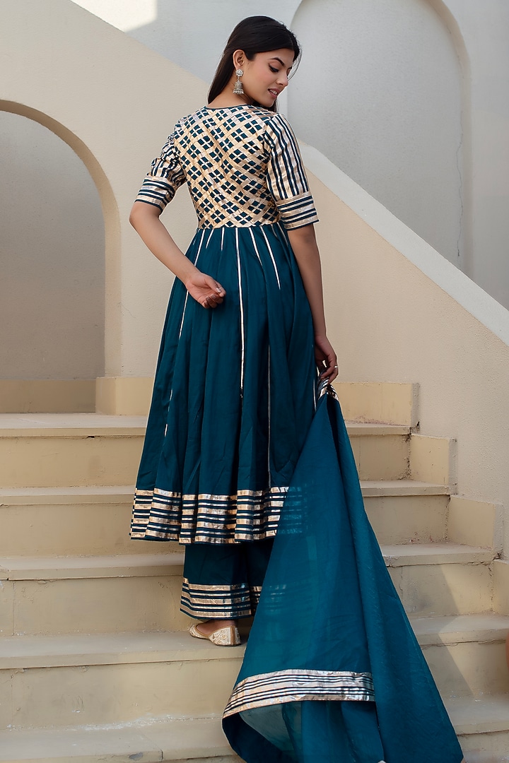 Blue Glace Cotton Gota Patti Work Party Wear Anarkali Set by Pomcha Jaipur at Pernia's Pop Up Shop