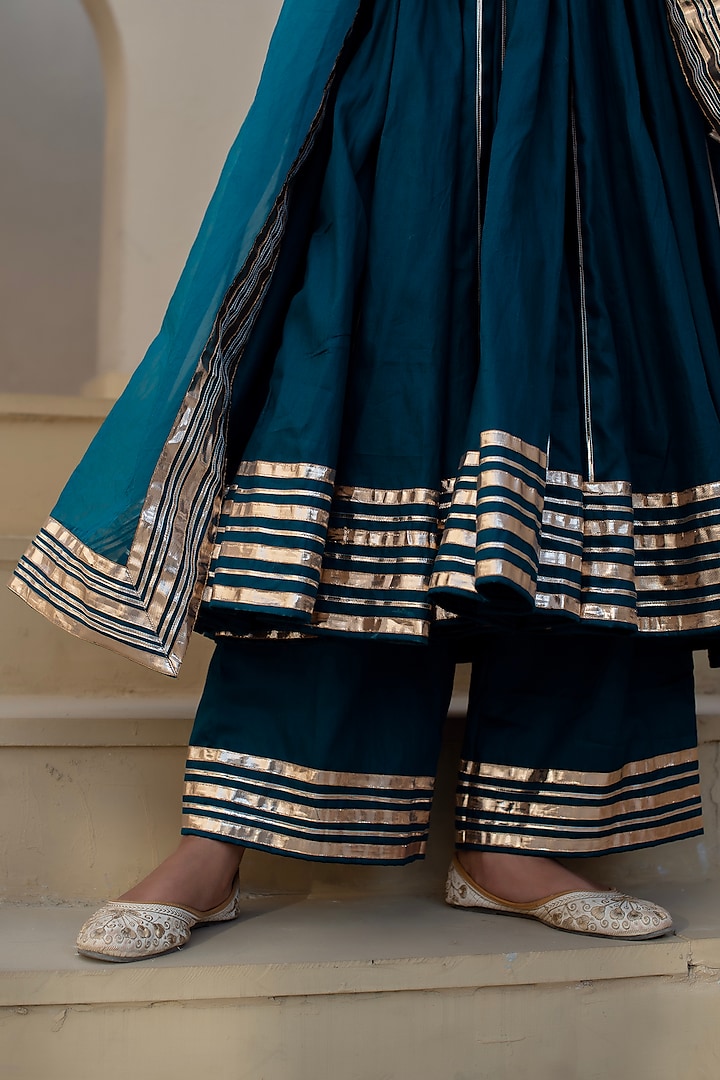 Blue Glace Cotton Gota Patti Work Party Wear Anarkali Set by Pomcha Jaipur at Pernia's Pop Up Shop