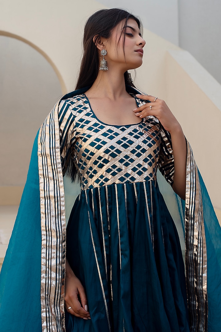 Blue Glace Cotton Gota Patti Work Party Wear Anarkali Set by Pomcha Jaipur at Pernia's Pop Up Shop