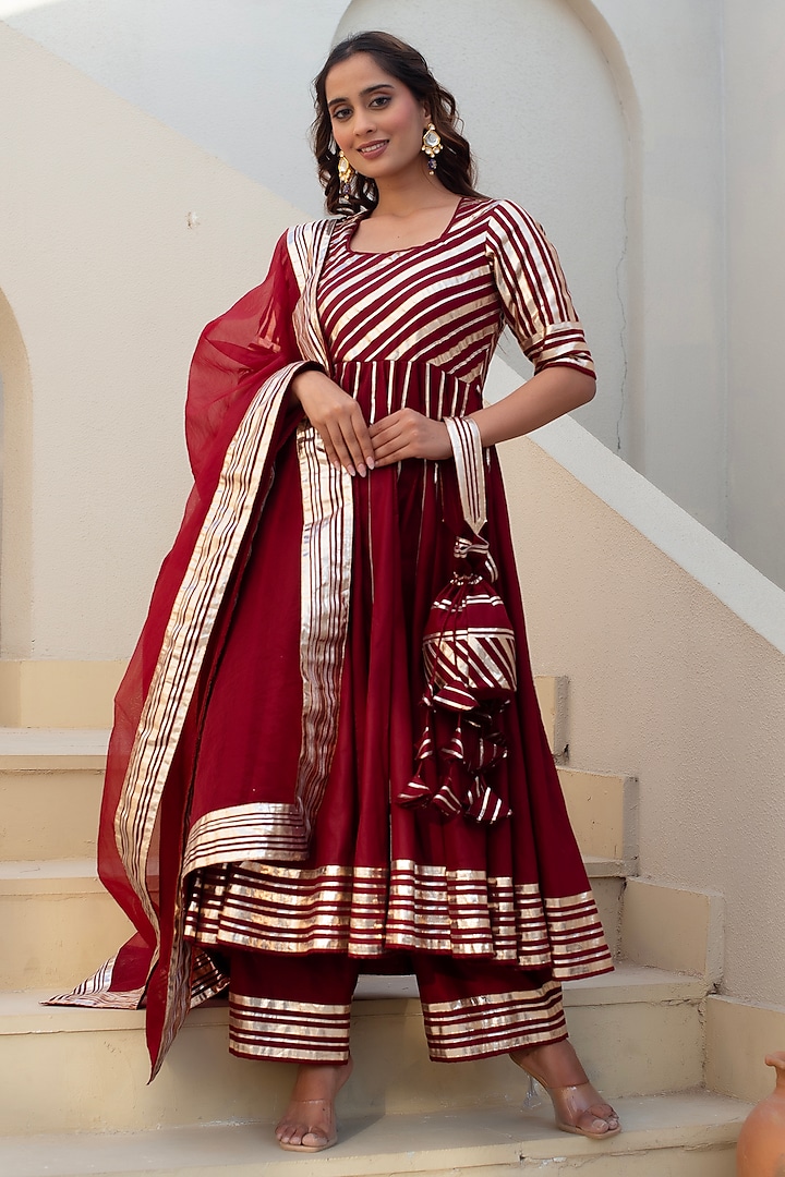 Maroon Glace Cotton Gota Patti Work Party Wear Anarkali Set by Pomcha Jaipur at Pernia's Pop Up Shop