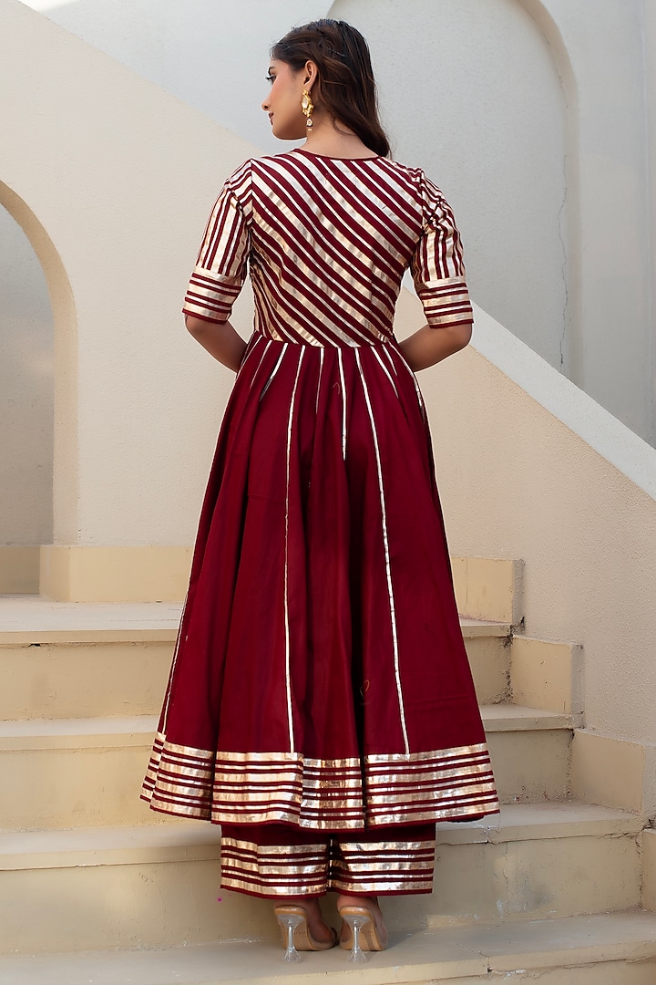 Maroon Glace Cotton Gota Patti Work Party Wear Anarkali Set by Pomcha Jaipur at Pernia's Pop Up Shop