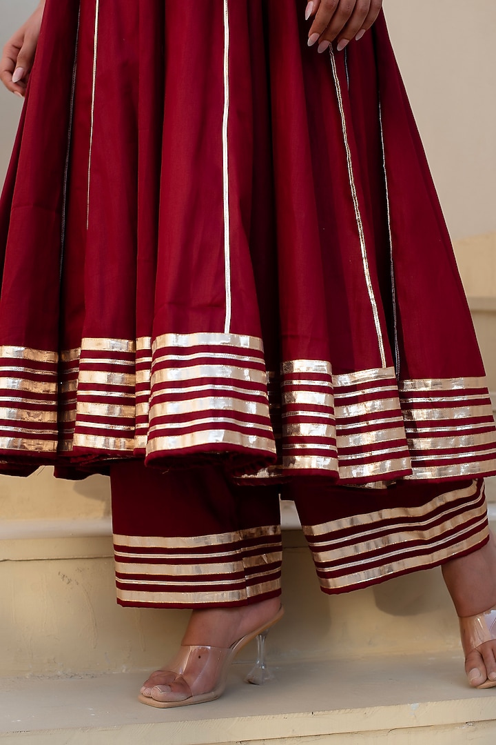 Maroon Glace Cotton Gota Patti Work Party Wear Anarkali Set by Pomcha Jaipur at Pernia's Pop Up Shop