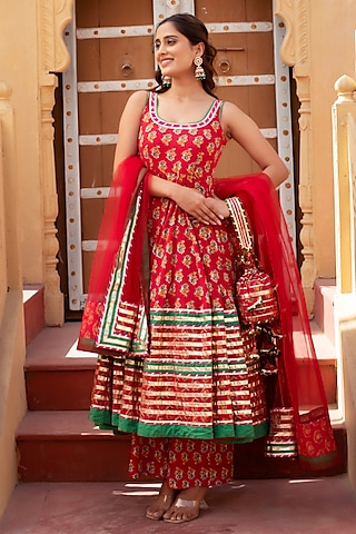 Red Cotton Gota Patti Work Anarkali Set by Pomcha Jaipur
