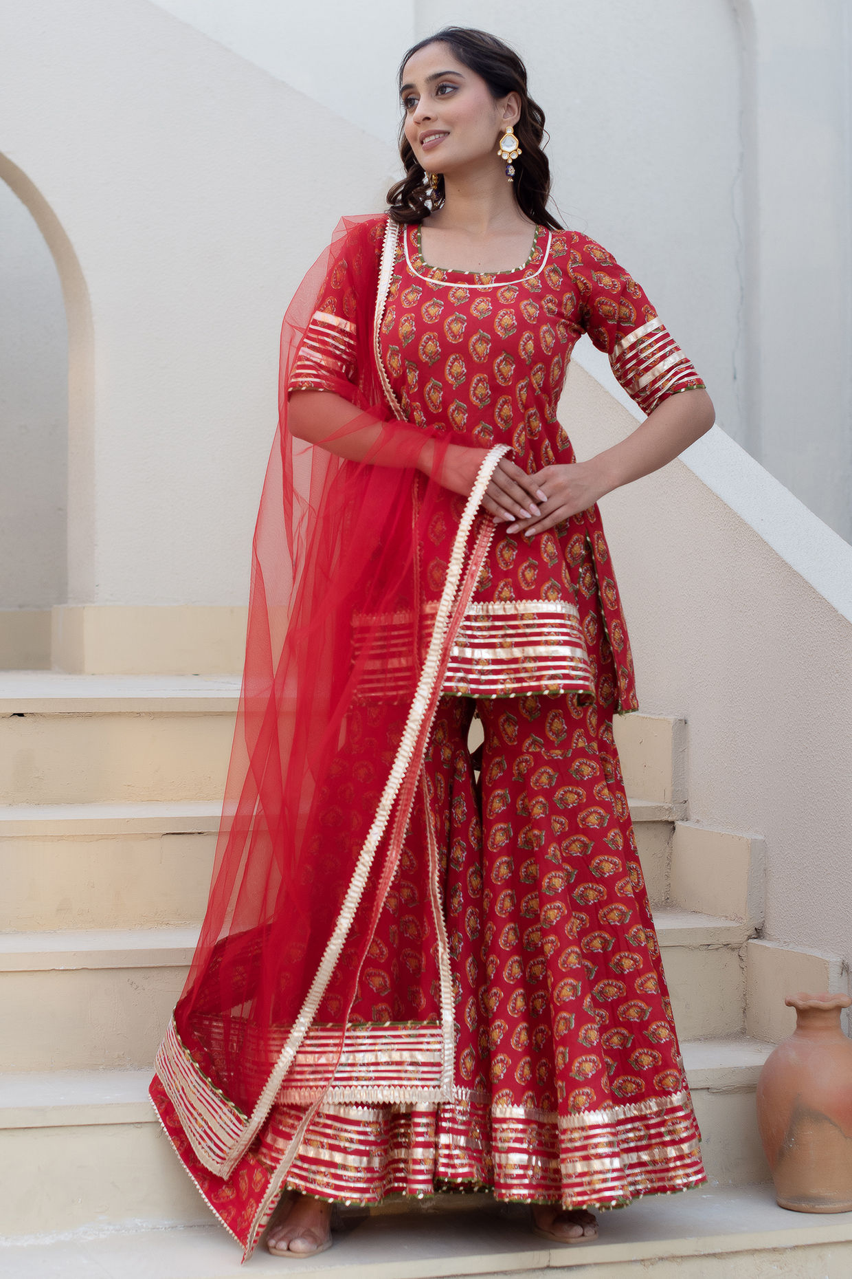 Red Cotton Hand Block Printed Sharara Set by Pomcha Jaipur at Pernia's Pop Up Shop