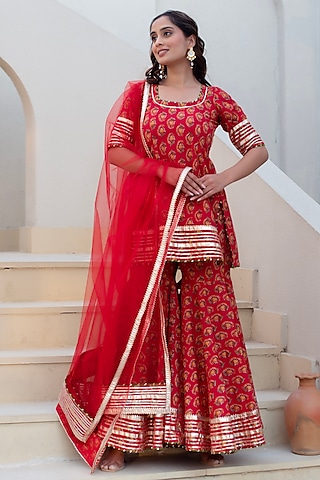 Red Cotton Hand Block Printed Sharara Set by Pomcha Jaipur