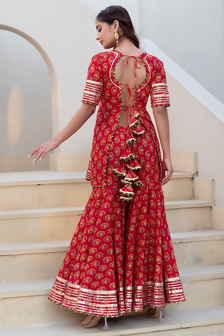 Red Cotton Hand Block Printed Party Wear Sharara Set by Pomcha Jaipur at Pernia's Pop Up Shop
