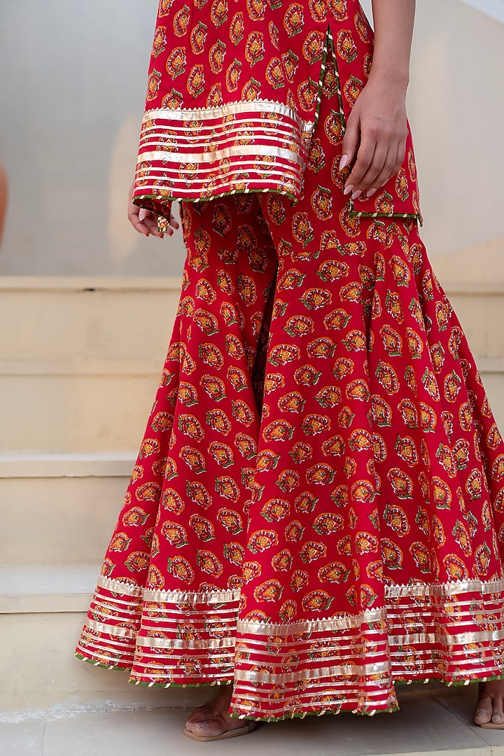 Red Cotton Hand Block Printed Party Wear Sharara Set by Pomcha Jaipur at Pernia's Pop Up Shop