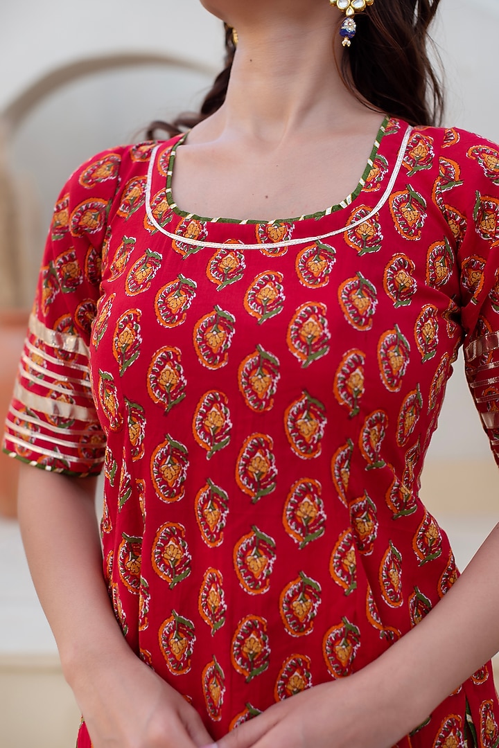 Red Cotton Hand Block Printed Party Wear Sharara Set by Pomcha Jaipur at Pernia's Pop Up Shop