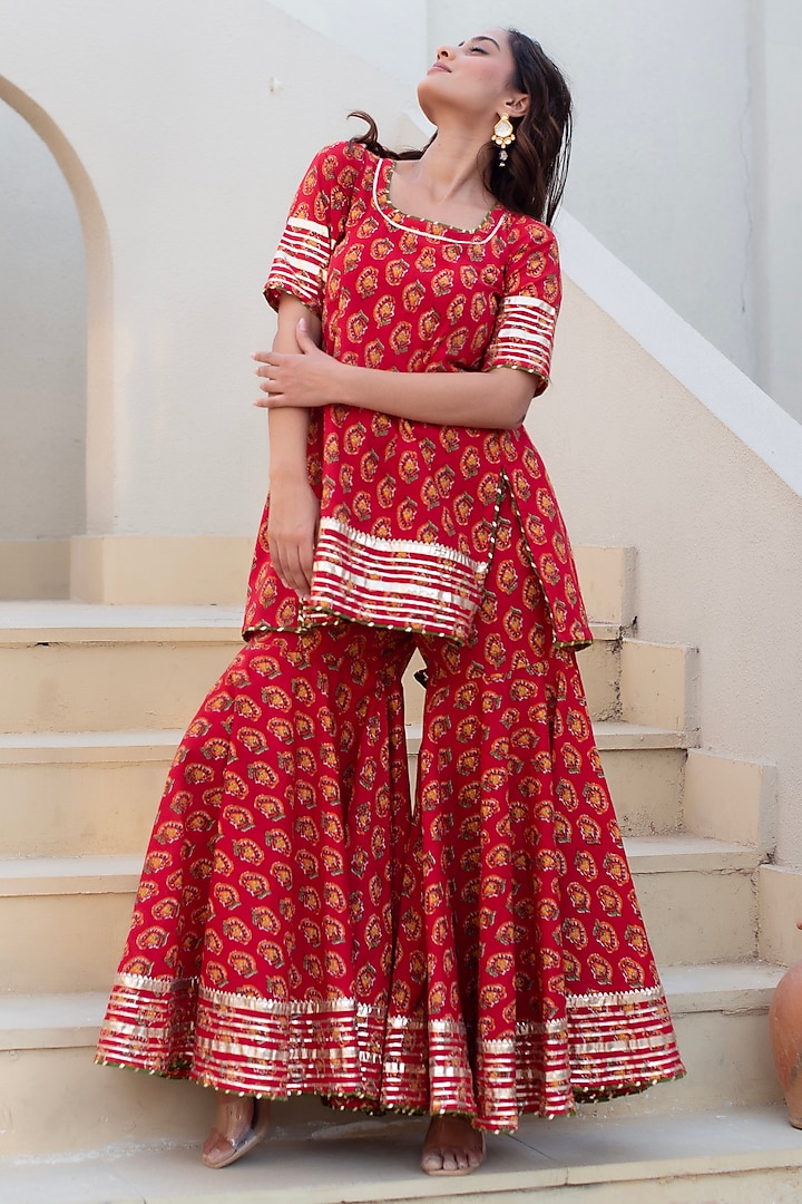 Red Cotton Hand Block Printed Party Wear Sharara Set by Pomcha Jaipur at Pernia's Pop Up Shop